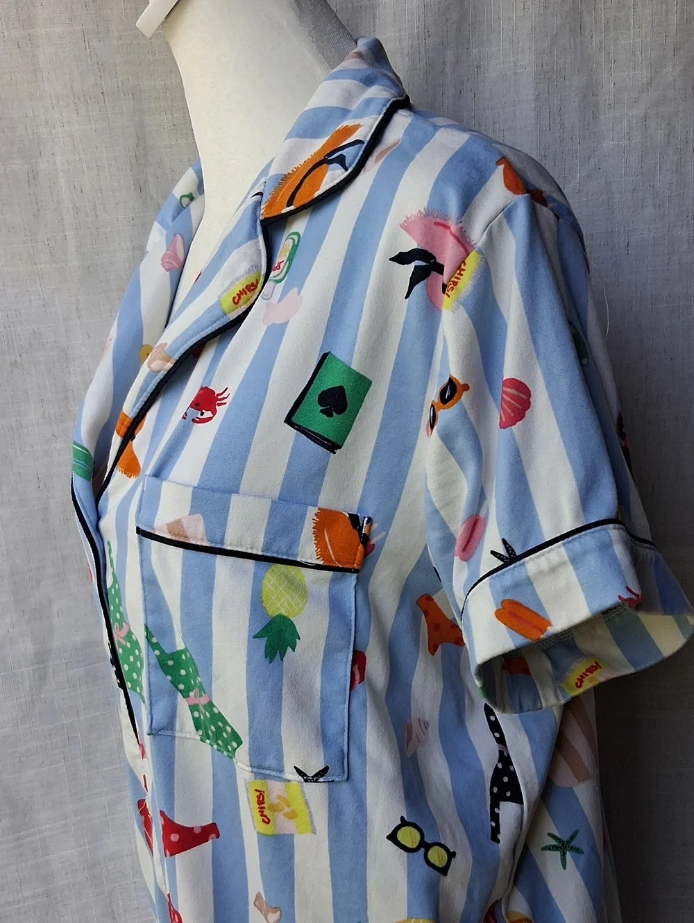 kate spade Light Blue Striped Short Sleeve Button Shirt with Multicolor Print M